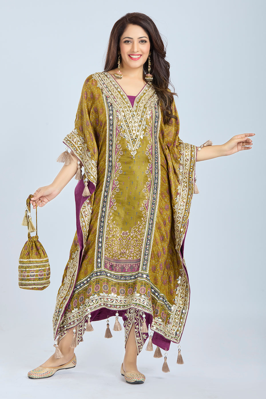 Golden Crepe Tissue Kaftan Set with Dhoti and Potli  Tulsistudiolifestyle