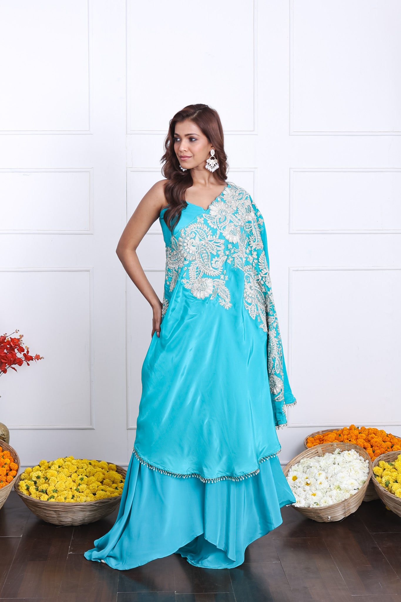 Teal Blue One Shoulder Indo-Western Dress – Tulsistudiolifestyle