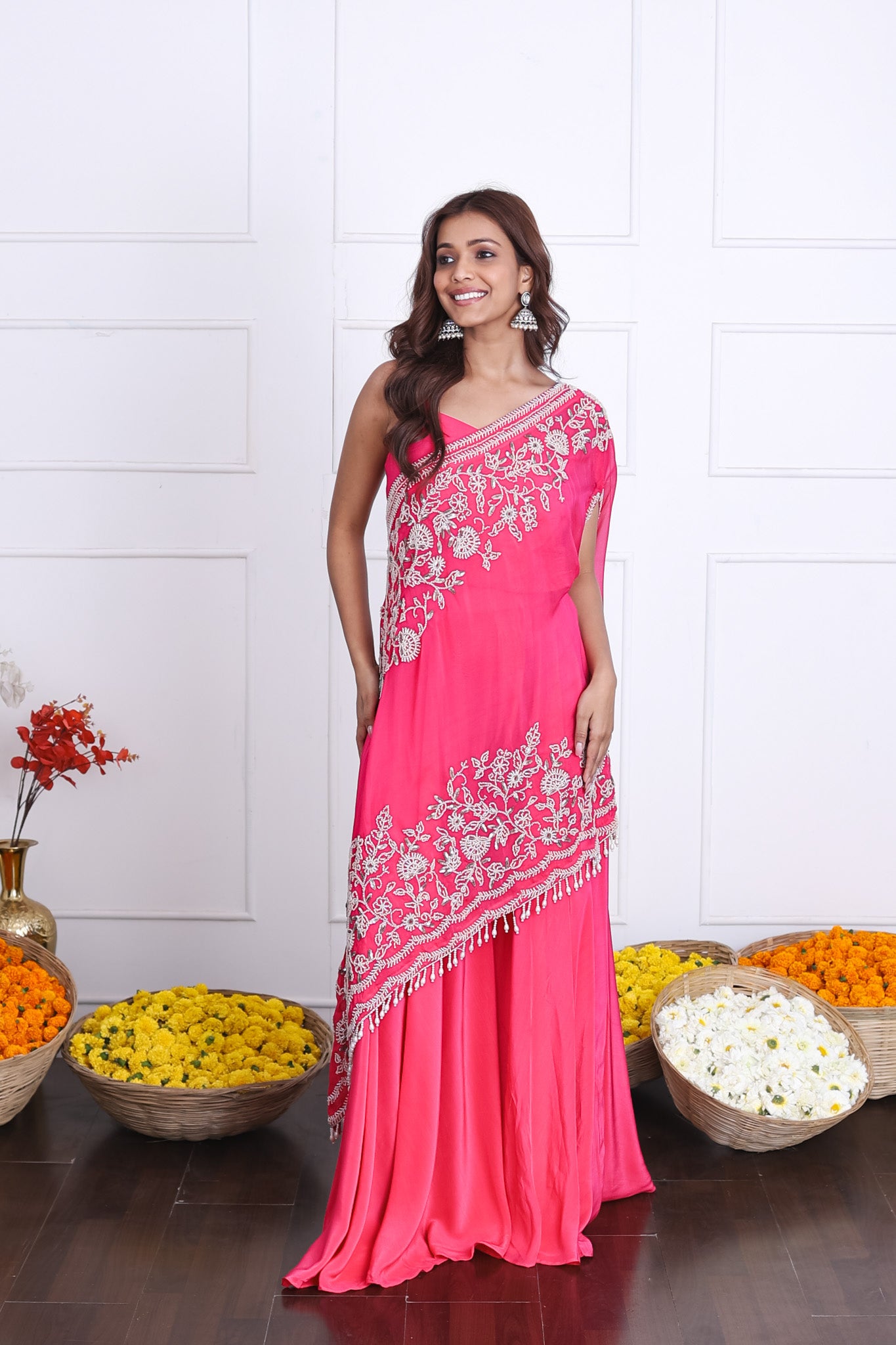 hot pink indo western dress Hot Pink Real Chinnon Silk Readymade Indo-Western Dress