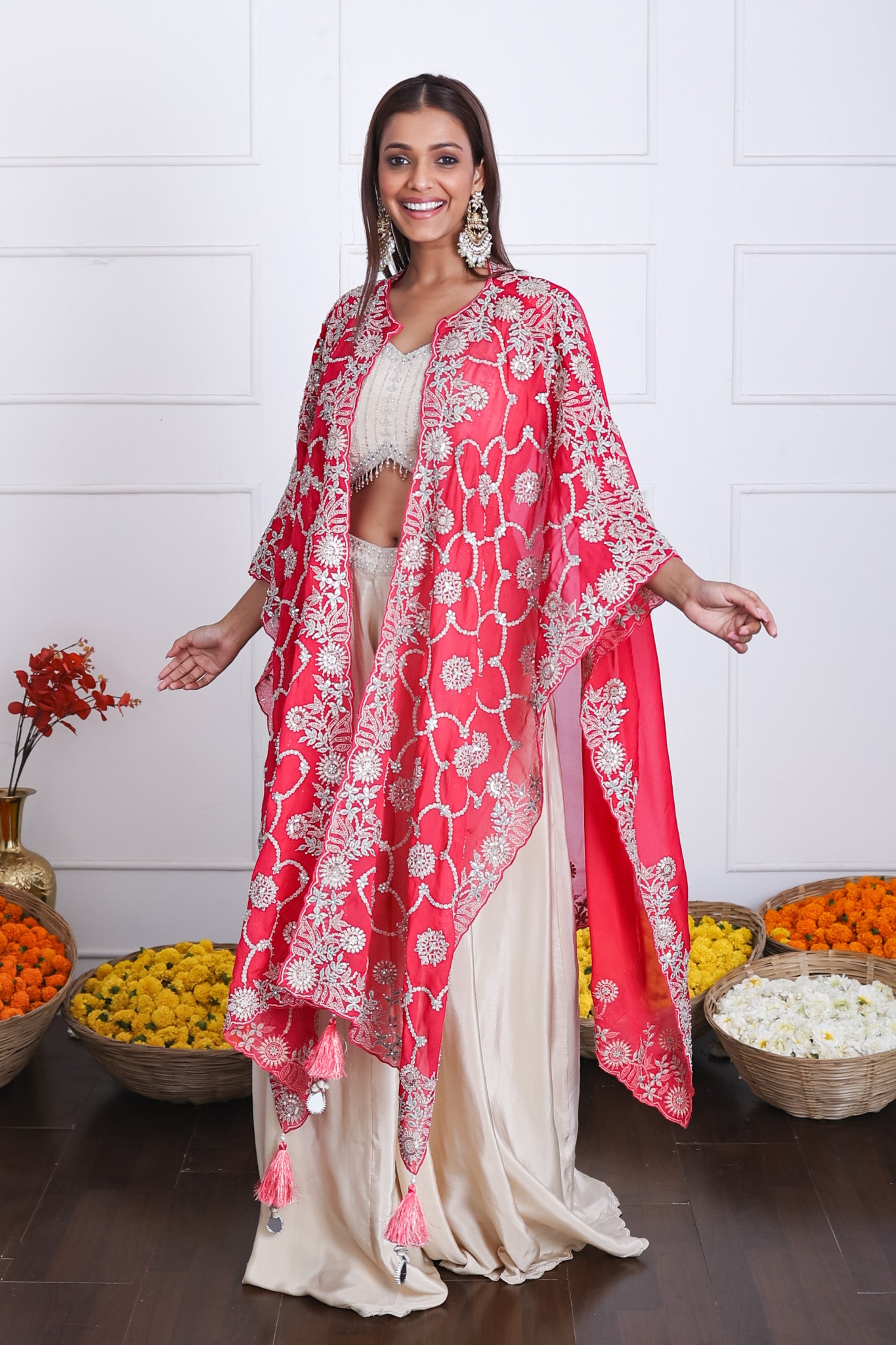 Deep Rani Pink Long Shrug Indo-Western Dress