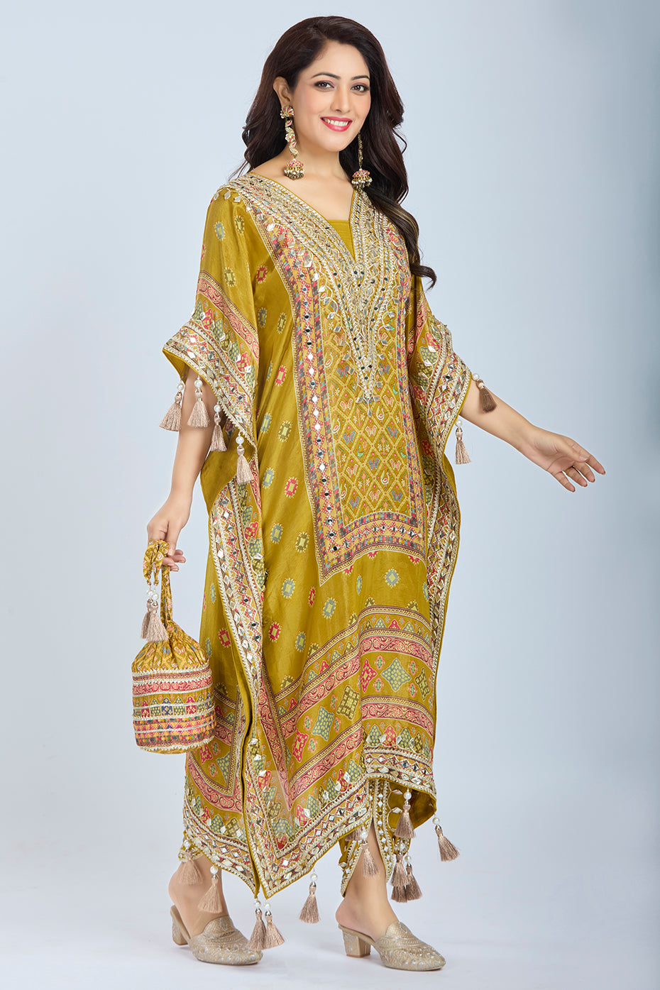 Deep Gold Crepe Tissue Kaftan with Dhoti and Matching Potli