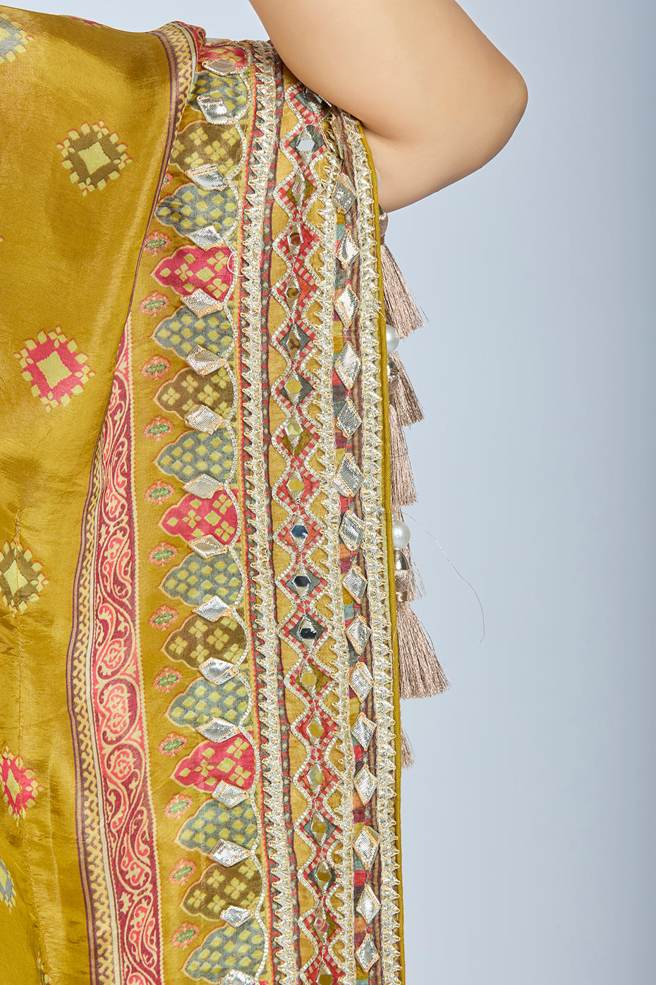 Deep Gold Crepe Tissue Kaftan with Dhoti and Matching Potli