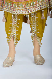 Deep Gold Crepe Tissue Kaftan with Dhoti and Matching Potli