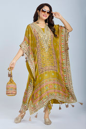 Deep Gold Crepe Tissue Kaftan with Dhoti and Matching Potli