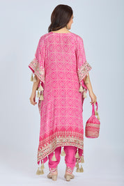 Elegant Pink Crepe Tissue Kaftan with Bandhej Print, Dhoti &  Potli