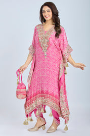 Elegant Pink Crepe Tissue Kaftan with Bandhej Print, Dhoti &  Potli