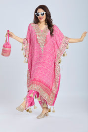 Elegant Pink Crepe Tissue Kaftan with Bandhej Print, Dhoti &  Potli