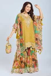 Elegant Mustard Yellow Tissue Banarasi Short Kaftan with Floral Gharara and Potli