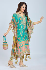 Elegant Teal Blue Crepe Tissue Kaftan Set with Dhoti and Potli