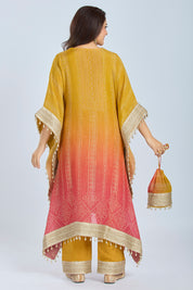 Dual-Shade Crushed Tissue Kaftan Set with Pant and Potli