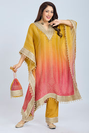 Dual-Shade Crushed Tissue Kaftan Set with Pant and Potli