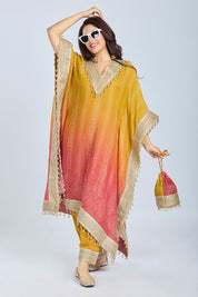 Dual-Shade Crushed Tissue Kaftan Set with Pant and Potli