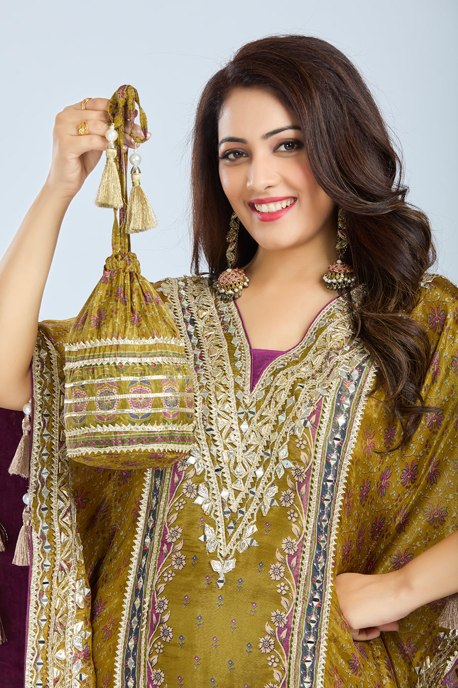 Golden Crepe Tissue Kaftan Set with Dhoti and Potli