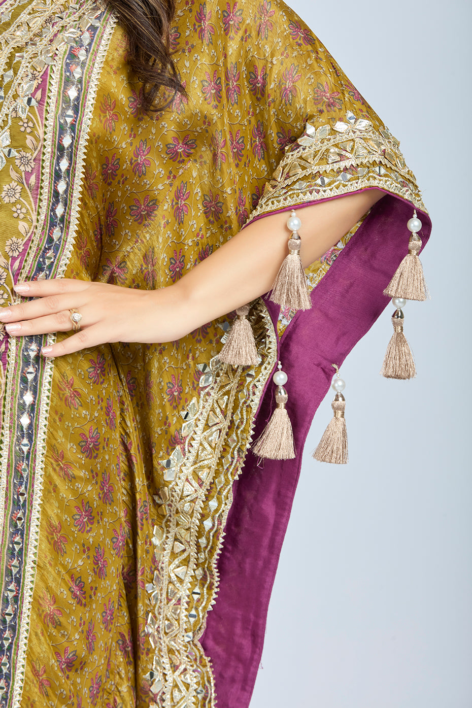 Golden Crepe Tissue Kaftan Set with Dhoti and Potli