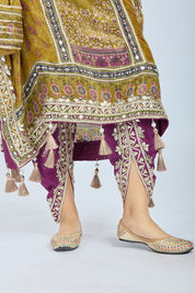 Golden Crepe Tissue Kaftan Set with Dhoti and Potli