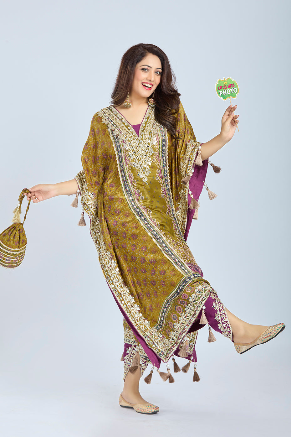 Golden Crepe Tissue Kaftan Set with Dhoti and Potli