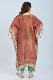 Dark Amber Red Printed Kaftan Set with Dhoti and Potli