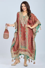 Dark Amber Red Printed Kaftan Set with Dhoti and Potli