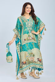 Teal Blue Elephant Print Kaftan Set with Dhoti and Potli