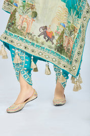 Teal Blue Elephant Print Kaftan Set with Dhoti and Potli