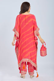 Imperial Red Printed Kaftan Set with Straight Pants and Potli