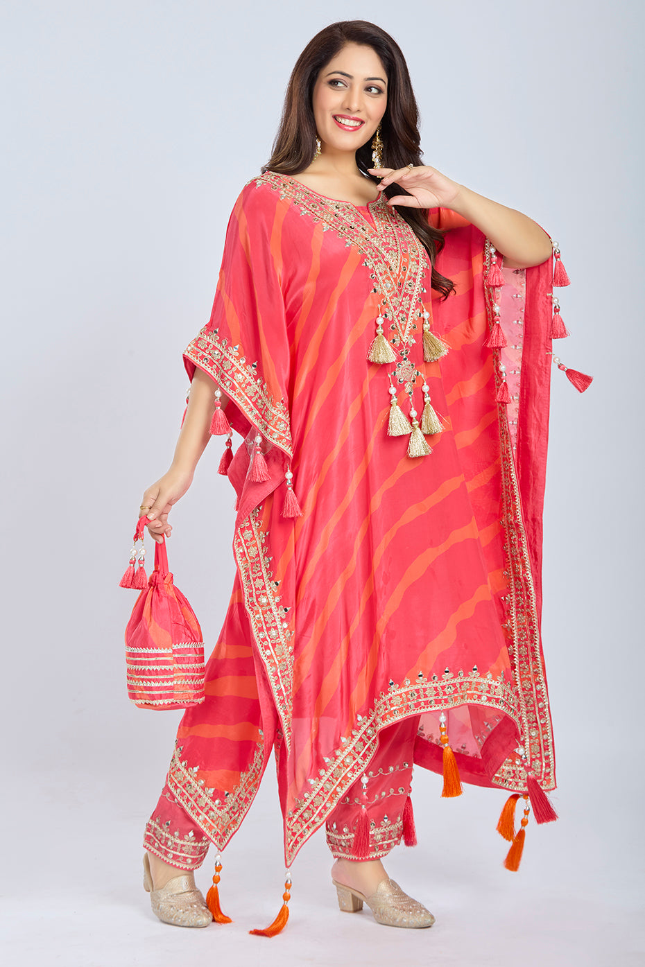 Imperial Red Printed Kaftan Set with Straight Pants and Potli