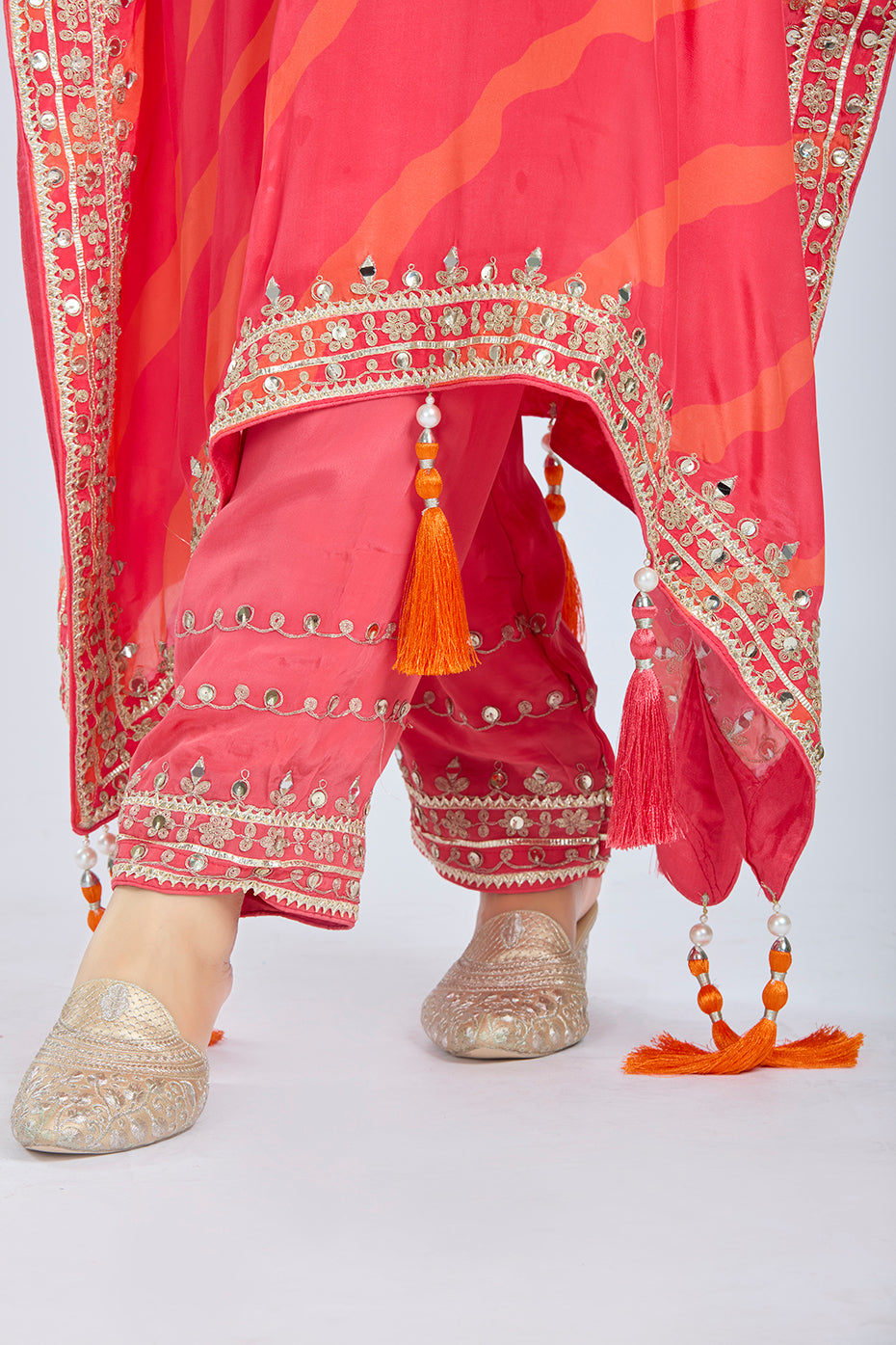 Imperial Red Printed Kaftan Set with Straight Pants and Potli