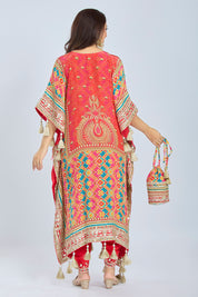 Elegant Raspberry Kaftan Set with Dhoti and Potli