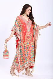 Elegant Raspberry Kaftan Set with Dhoti and Potli