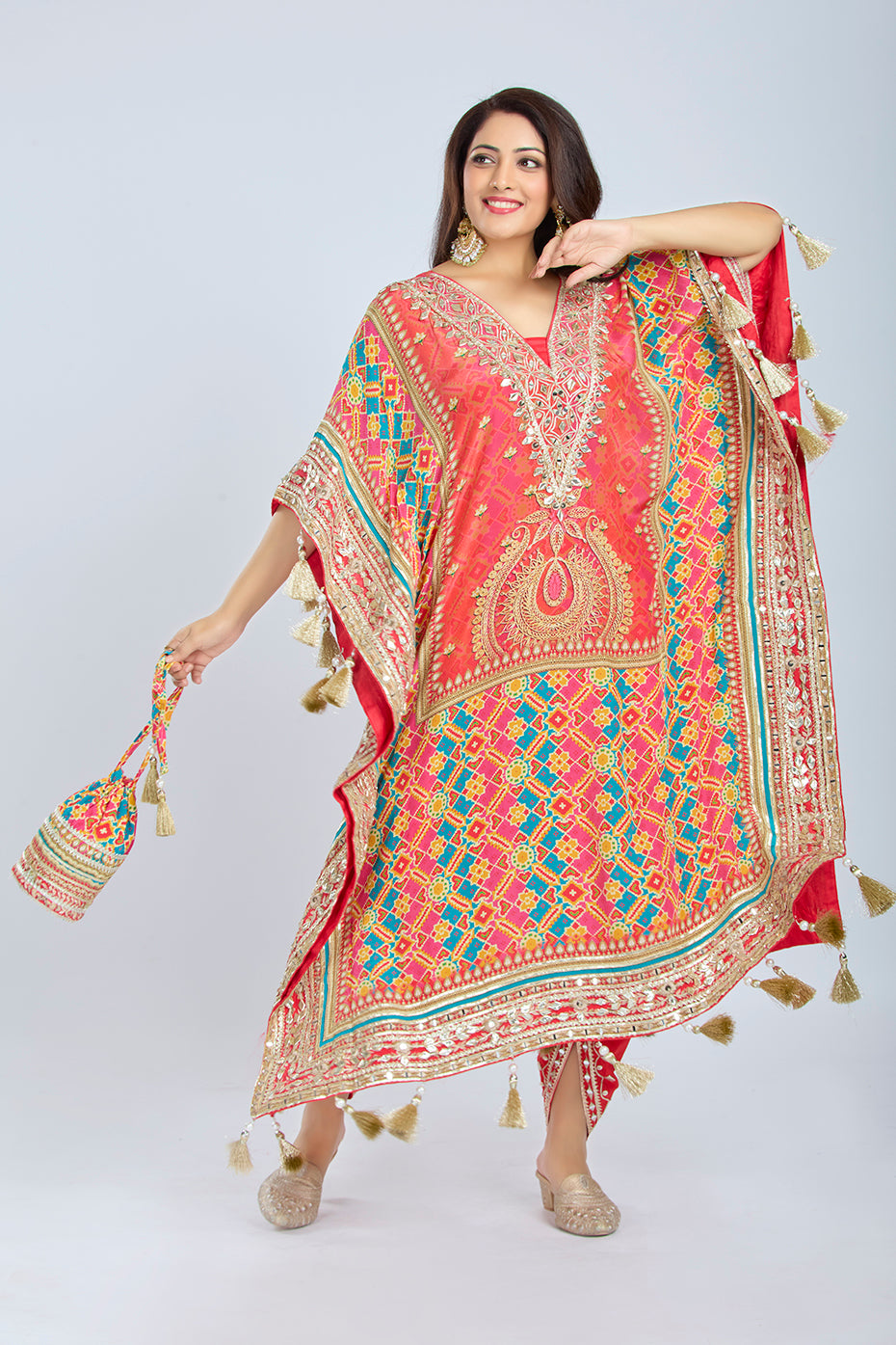 Elegant Raspberry Kaftan Set with Dhoti and Potli