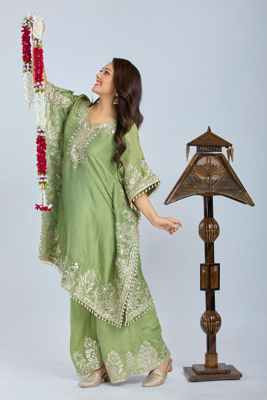 Elegant Pistachio Kaftan with Palazzo Pants