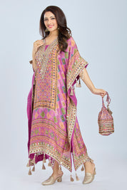 Purple Designer Printed Kaftan with Dhoti and Potli