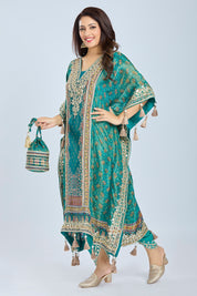 Rama Green Designer Printed Kaftan with Dhoti and Potli