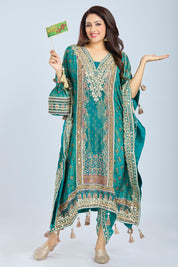 Rama Green Designer Printed Kaftan with Dhoti and Potli