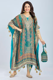 Peacock Green Designer Printed Kaftan with Dhoti and Printed Potli