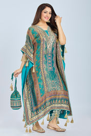 Peacock Green Designer Printed Kaftan with Dhoti and Printed Potli