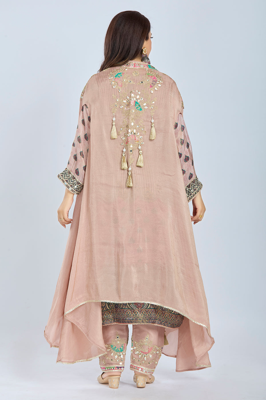 Peach Designer Kurti Set with Straight Pants and Organza Jacket