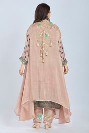 Peach Designer Kurti Set with Straight Pants and Organza Jacket