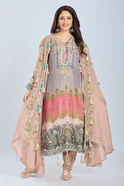 Peach Designer Kurti Set with Straight Pants and Organza Jacket