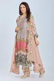 Peach Designer Kurti Set with Straight Pants and Organza Jacket