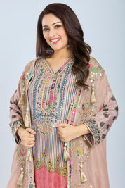 Peach Designer Kurti Set with Straight Pants and Organza Jacket