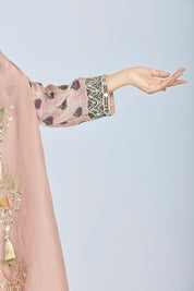 Peach Designer Kurti Set with Straight Pants and Organza Jacket