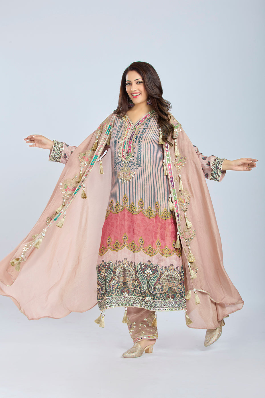 Peach Designer Kurti Set with Straight Pants and Organza Jacket