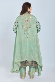 Sea Green Designer Kurti Set with Straight Pants and Jacket in Chinon & Organza