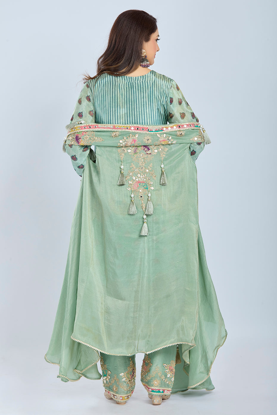 Sea Green Designer Kurti Set with Straight Pants and Jacket in Chinon & Organza