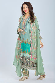 Sea Green Designer Kurti Set with Straight Pants and Jacket in Chinon & Organza