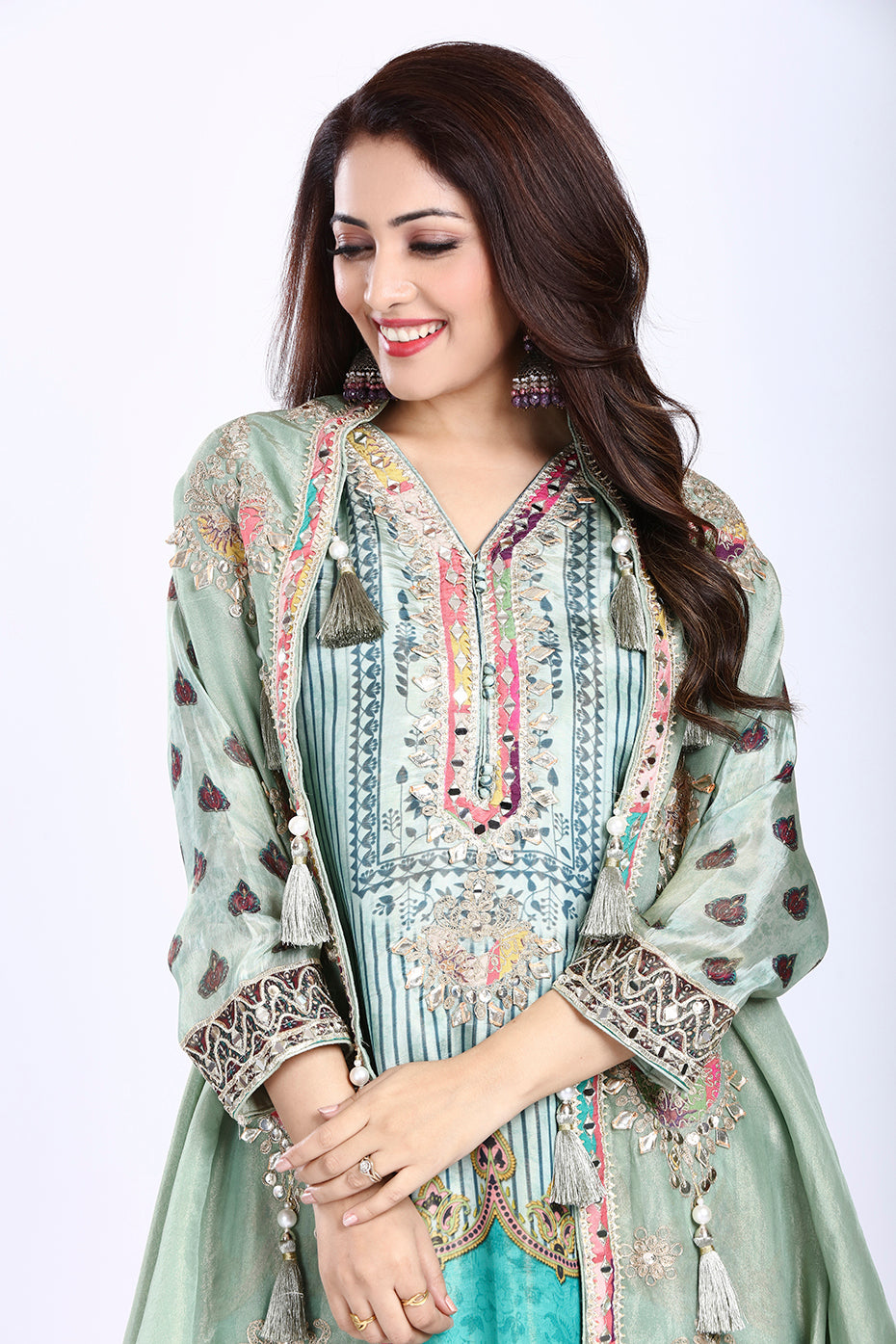 Sea Green Designer Kurti Set with Straight Pants and Jacket in Chinon & Organza