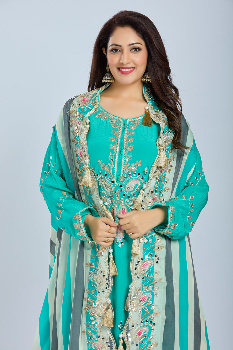 Elegant Blue Kurti Set with Printed Organza Jacket and Tassel Details