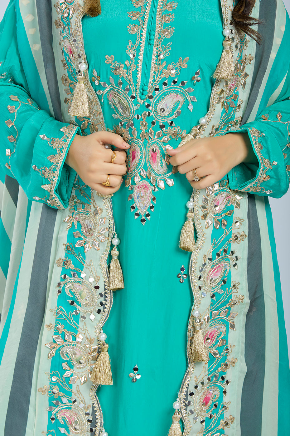 Elegant Blue Kurti Set with Printed Organza Jacket and Tassel Details