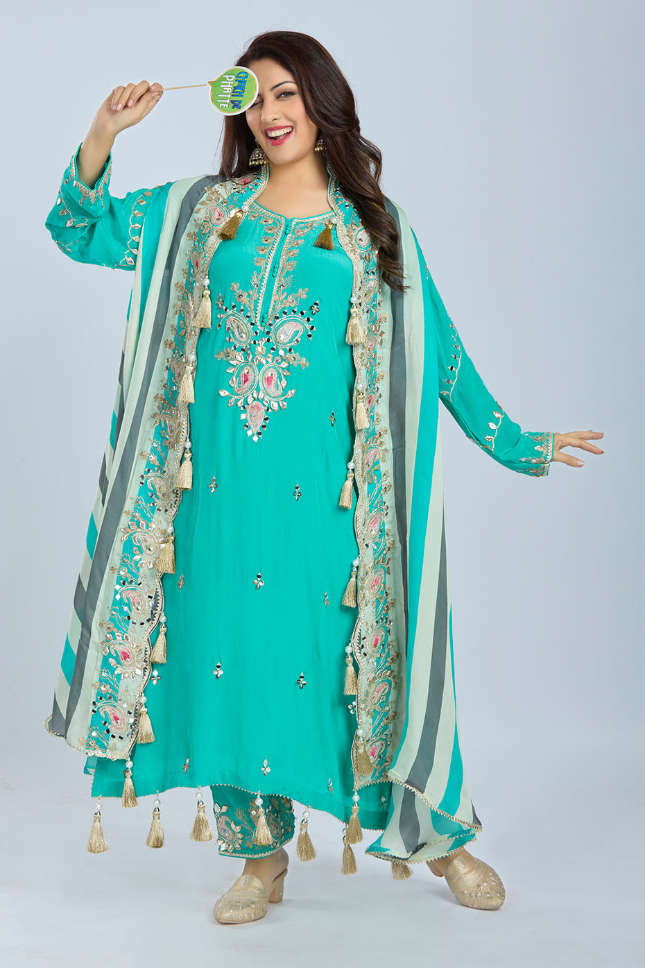 Elegant Blue Kurti Set with Printed Organza Jacket and Tassel Details